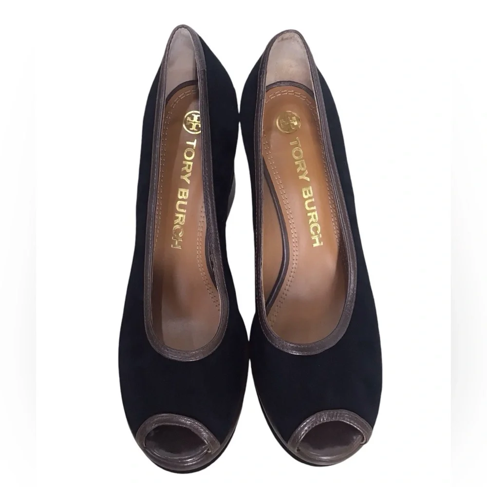 Tory Burch 70s Peep-Toe Leather & Suede Platform Pumps Women’s Size 8.5